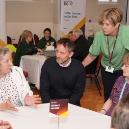 Council Co-Leader Stephen Thompson talks to tenants being helped by the Here for You campaign