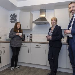Wheatley Group Chair Jo Armstrong, tenant Helen Angus, Cabinet Secretary for social justice, housing and local government, Shona Robison MSP and Wheatley Group Chief Executive Steven Henderson in one of the new properties at Almondvale. 