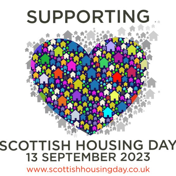 Image of a heart with house icons, with text in the background reading Supporting Scottish Housing Day 13 September 2023