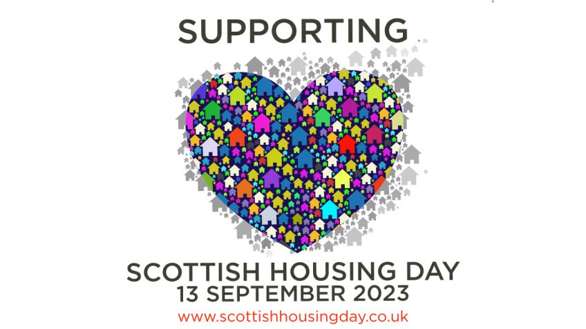 Image of a heart with house icons, with text in the background reading Supporting Scottish Housing Day 13 September 2023