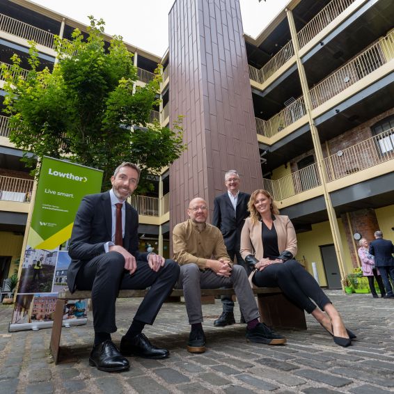 Wheatley Group Chief Executive Steven Henderson, Patrick Harvie MSP, Chair of Lowther Eric Gibson, and Wheatley Group’s Director of Development and Regeneration Lindsay Lauder at Bell Street 