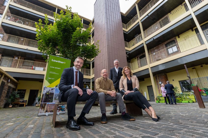Wheatley Group Chief Executive Steven Henderson, Patrick Harvie MSP, Chair of Lowther Eric Gibson, and Wheatley Group’s Director of Development and Regeneration Lindsay Lauder at Bell Street 